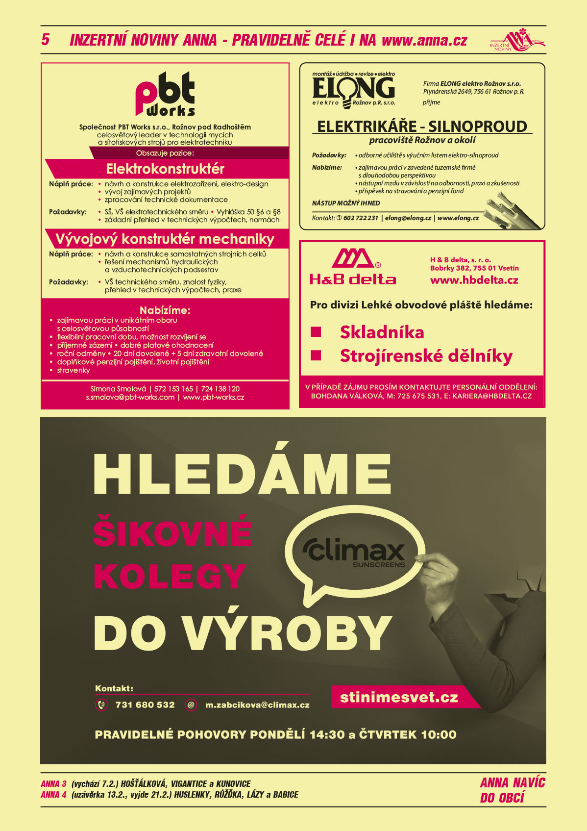 ANNA vesnice – obec obce navíc na přání: ANNA 3 (vychází 7.2.) Hošťálková, Vigantice a Kunovice, ANNA 4 (uzvávěrka 13.2., vyjde 21.2.) Huslenky, Růžďka, Lázy a BabicePBT Works s.r.o. Rožnov p. R., celosvětový leader v technologii mycích a sítotiskových strojů pro elektrotechnickou výrobu obsazujeme pozice. Elektrokonstruktér Náplň práce: Návrh a konstrukce elektrotechnických zařízení elektro design, vývoj zajímavých projektů, zpracování technické dokumentace. Požadavky: SŠ, VŠ elektrotechnického směru, Vyhláška 50 paragraf 6 a 8, základní přehled v technických výpočtech, normách. Vývojový konstruktér mechaniky, Náplň práce: návrh a konstrukce samostatných strojních celků, řešení mechanismů hydraulických a vzduchotechnických podsestav, Požadavky: VŠ technického směru, znalost fyziky, přehled v technických výpočtech, praxe. Nabízíme: Zajímavou práci v unikátním oboru s celosvětovou působností, Flexibilní pracovní dobu, možnost rozvíjení se, příjemné zázemí, Dobré platové ohodnocení, Roční odměny, 20 dní dovolené + 5 dní zdravotní dovolené, Doplňkové penzijní pojištění, životní pojištění, Stravenky. Simona Smolová, T 572 153 165, T 724 138 120, s.smolova@pbt-works.com, www.pbt-works.czELONG elektro Rožnov s.r.o. Plynárenská 2649, 756 61 Rožnov p. R. přijme elektrikáře – silnoproud pracoviště Rožnov a okolí. Požadavky: odborné učiliště s výučním listem elektro-silnoproud. Nabízíme: zajímavou práci v zavedené tuzemské firmě s dlouhodobou perspektivou, nástupní mzdu v závislosti na odbornosti, praxi a zkušenosti, příspěvek na stravování a penzijní fond. NÁSTUP MOŽNÝ IHNED. Kontakt: tel. 602 722 231, elong@elong.cz www.elong.czH&B delta, s.r.o., Bobrky 382, 755 01 Vsetín, www.hbdelta.cz. Pro divizi Lehké obvodové pláště hledáme: skladníka, strojírenské dělníky. V případě zájmu prosím kontaktujte personální oddělení: Bohdana Válková, M 725 675 531, kariera@hbdelta.czServis Climax a.s. sunscreens Hledám šikovné kolegy do výroby. Kontakt: T 731 680 532, m.zabcikova@climax.cz, pravidelné pohovory pondělí 14.30 a čtvrtek 10 h, stinimesvet.cz 