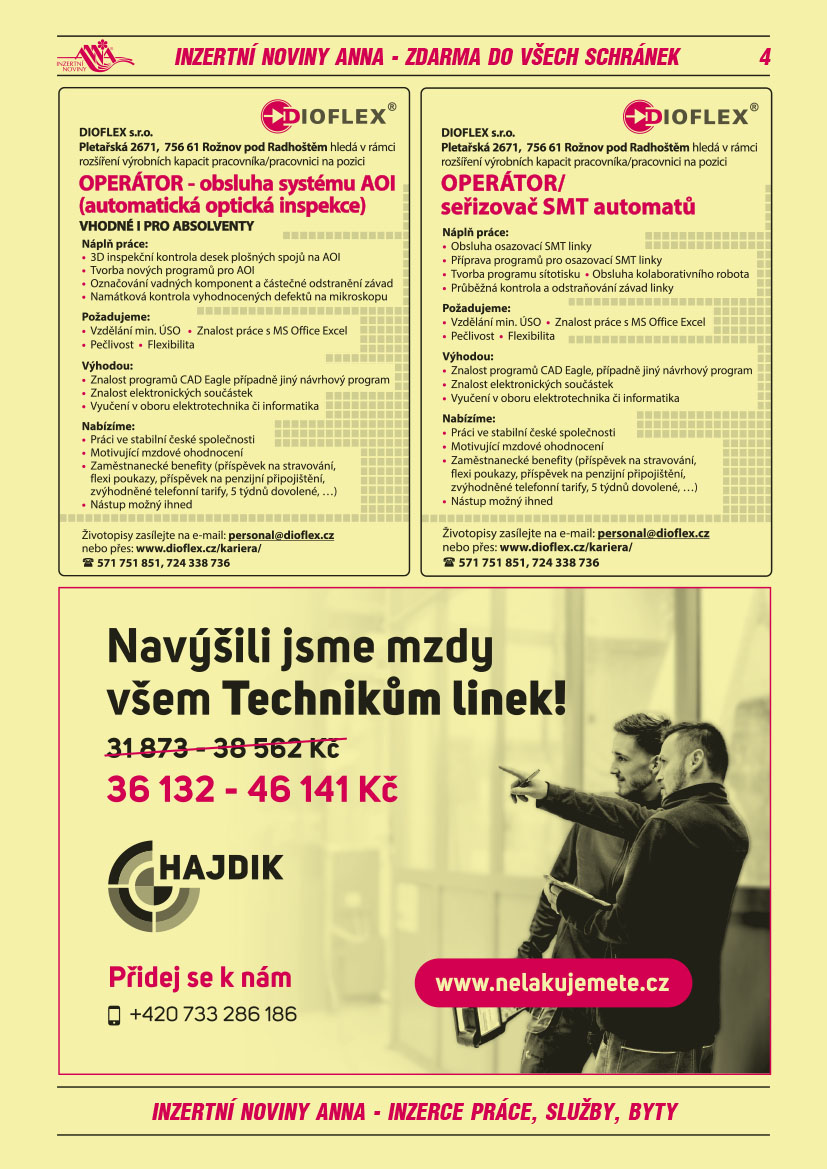 DIOFLEX s.r.o. v rámci rozšíření výrobních kapacit hledá společnost DIOFLEX s.r.o., Pletařská 2671, 756 61 Rožnov p. R., OPERÁTOR – seřizovač SMT automatů. Náplň práce: Obsluha osazovací SMT linky, Příprava programů pro osazovací SMT linky, Tvorba programu sítotisku, Obsluha kolaborativního robota, Průběžná kontrola a odstraňování závad linky. Požadujeme: Vzdělání min. ÚSO, Znalost práce s MS Office Excel, Pečlivost, Flexibilita. Výhodou: Znalost programů CAD Eagle, případě jiný návrhový program, Znalost elektronických součástek, Vyučení v oboru elektrotechnika či informatika.  Nabízíme: Práci ve stabilní české společnosti, Motivující mzdové ohodnocení, Zaměstnanecké benefity (příspěvek na stravování, flexi poukazy, příspěvek na penzijní připojištění, zvýhodněné telefonní tarify, 5 týdnů dovolené, …), Nástup možný ihned. Životopisy zasílejte na e-mail: personal@dioflex.cz nebo přes: www.dioflex.cz/kariera/, Telefon: 571 751 851, 724 338 736DIOFLEX s.r.o. v rámci rozšíření výrobních kapacit hledá společnost DIOFLEX s.r.o., Pletařská 2671, 756 61 Rožnov p. R., OPERÁTOR – obsluha systému AOI (automatická optická inspekce), VHODNÉ I PRO ABSOLVENTY. Náplň práce: 3D inspekční kontrola desek plošných spojů na AOI, Tvorba nových programů pro AOI, Označování vadných komponent a částečné odstranění závad, Namátková kontrola vyhodnocených defektů na mikroskopu. Požadujeme: Vzdělání min. ÚSO, Znalost práce s MS Office Excel, Pečlivost, Flexibilita. Výhodou: Znalost programů CAD Eagle případě jiný návrhový program, Znalost elektronických součástek, Vyučení v oboru elektrotechnika či informatika. Nabízíme: Práci ve stabilní české společnosti, Motivující mzdové ohodnocení, Zaměstnanecké benefity (příspěvek na stravování, flexi poukazy, příspěvek na penzijní připojištění, zvýhodněné telefonní tarify, 5 týdnů dovolené, …), Nástup možný ihned. Životopisy zasílejte na e-mail: personal@dioflex.cz nebo přes: www.dioflex.cz/kariera/, Telefon: 571 751 851, 724 338 736HAJDIK a.s. Navýšili jsme mzdy všem Technikům linek! Místo 36132 Kč, nyní 46141 Kč. Přidej se k nám! T +420 733 286 186, www.nelakujemete.cz 